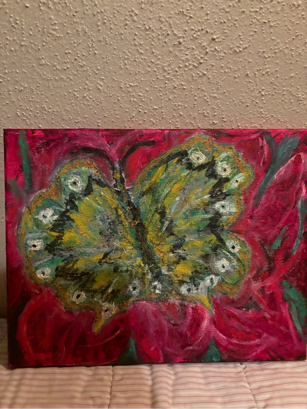 Original Hand-Painted Oil Green Butterfly Canvas Art - Vibrant Accent